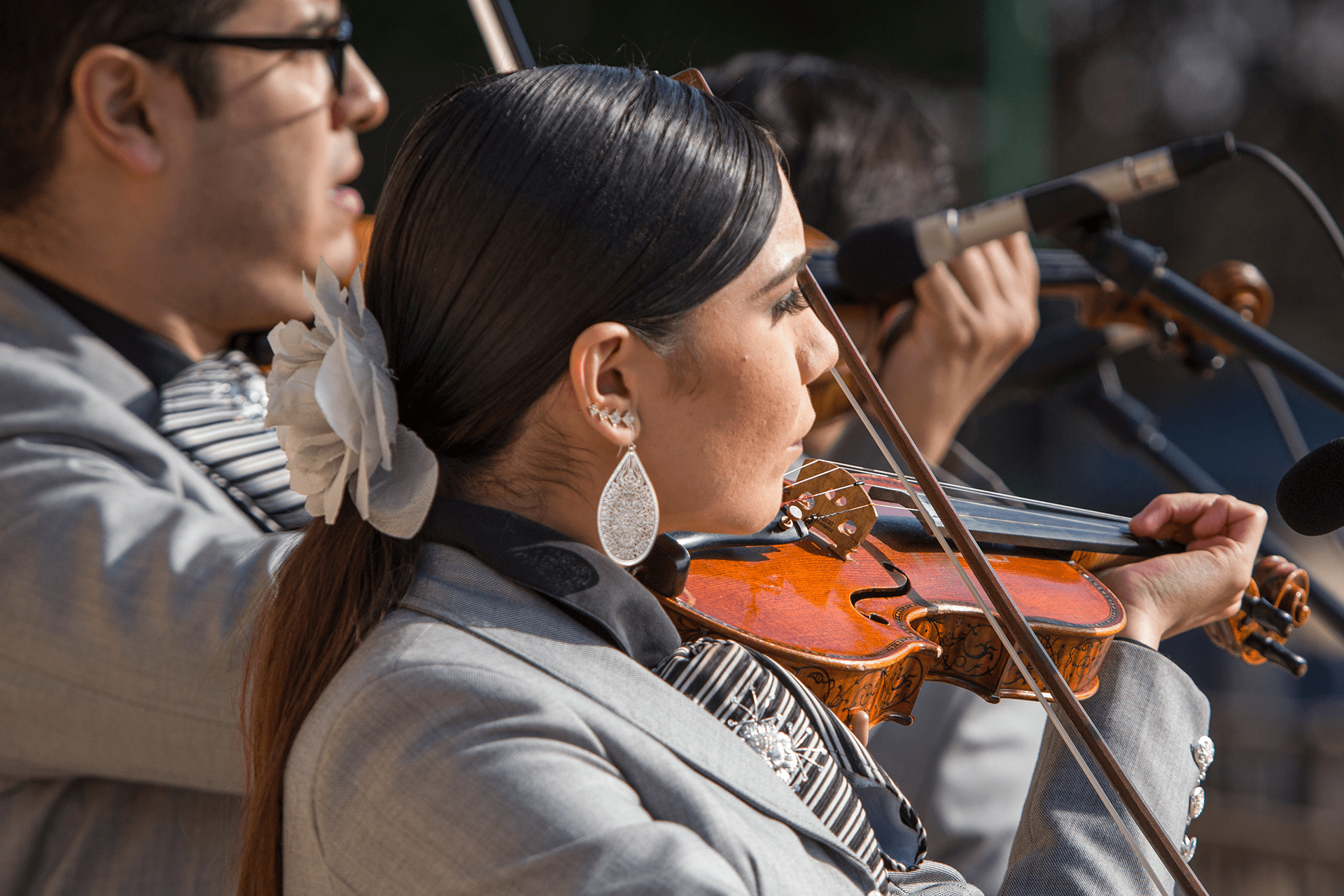  Profile image of Mariachi Voces Tapatias performing, with a female violinist in the foreground.